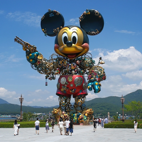 户外大型米奇雕像引人注目