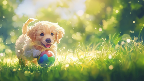 金毛幼犬玩彩色球草地