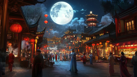 古街夜景灯火通明人群熙攘满月高挂