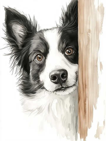 黑白牧羊犬躲藏木墙后