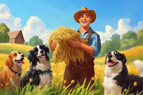 农夫手持干草与狗农场场景