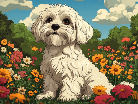 白毛马耳他犬花园中静坐