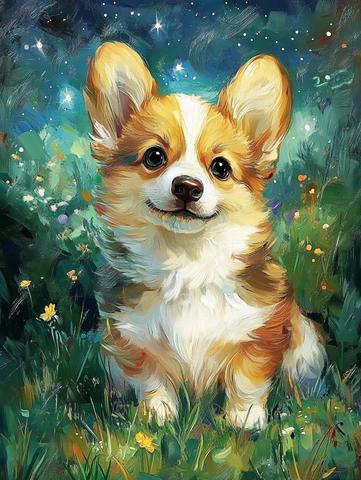 柯基幼犬梵高风格油画