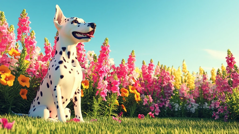 粉色黄色龙面花与好奇的斑点狗