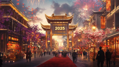 年中式古建筑街道夜景人群景象