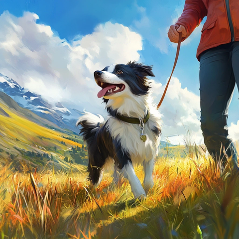 边牧犬草地探索牵引绳