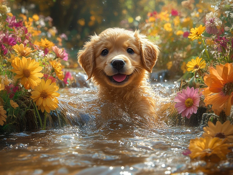 金色小狗溪边玩花丛