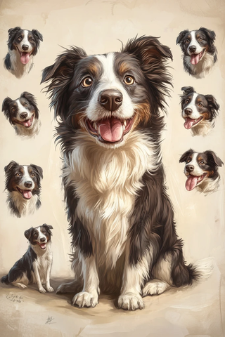 老狗边境牧羊犬多姿态插画