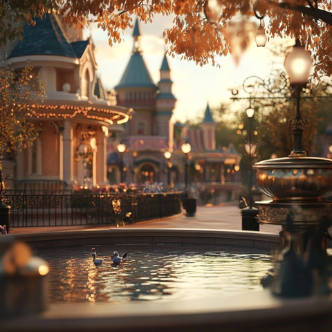 黄昏下带有喷泉的欧式童话小镇