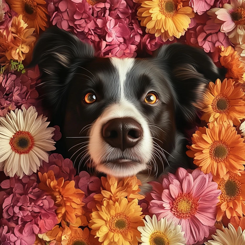 花朵环绕的狗狗