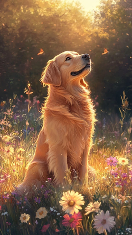 金毛犬阳光草地野花