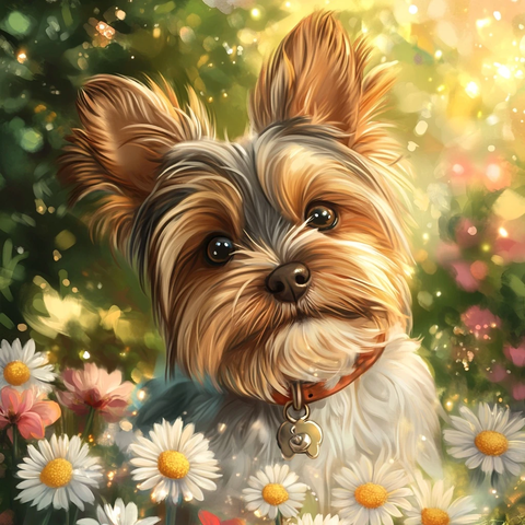 小狗嬉戏花丛中