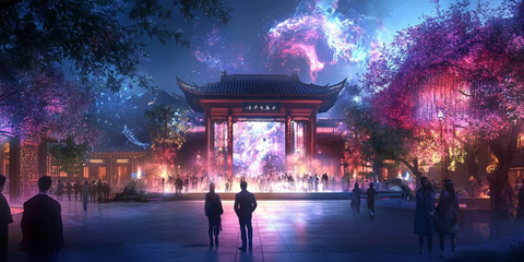 中式建筑夜景下的人群活动景象