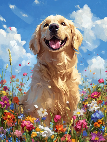金毛犬花丛微笑油画