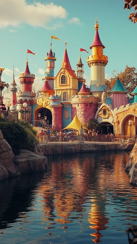 水边色彩缤纷的童话城堡建筑