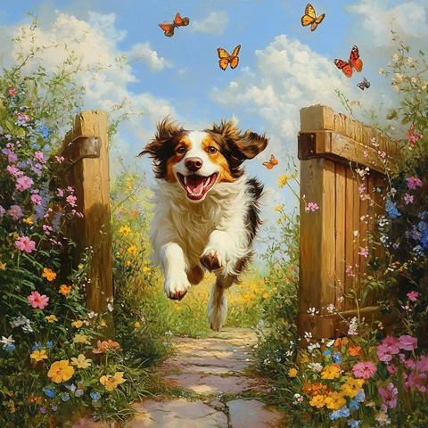 牧羊犬跑出花丛大门