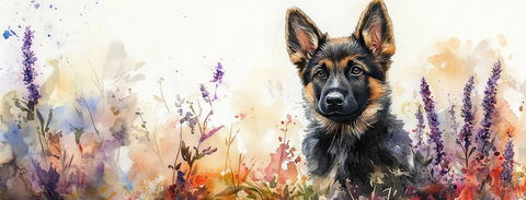 小狗黑牧羊犬紫石楠花