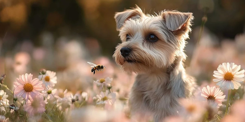 银白毛发犬在花丛中