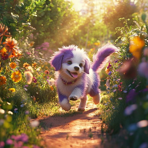 紫色毛茸犬追尾花园小径