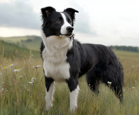 边牧犬站立草地凝视远方