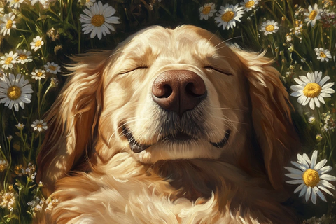 金毛犬卧野花闭目享受阳光