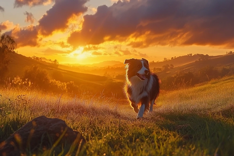 牧场夕阳下的澳大利亚牧羊犬