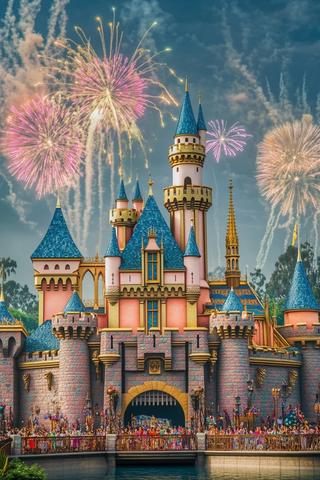 城堡上空绽放烟花的梦幻场景