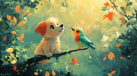 小狗望鸟展翅林间