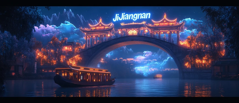 江南水乡夜景下的古桥与游船