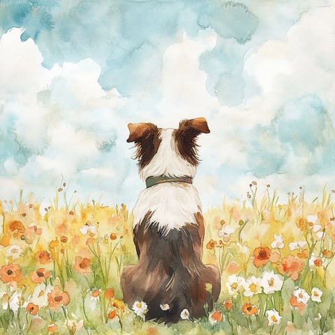 花田中的白色牧羊犬