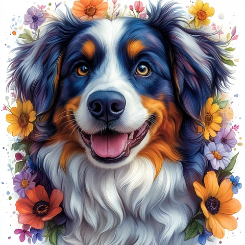 水彩澳洲牧羊犬花朵贴纸