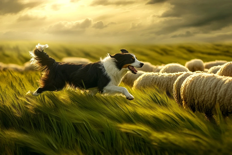 牧羊犬追逐羊群绿野