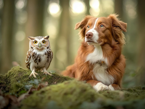森林散步与狗和猫头鹰