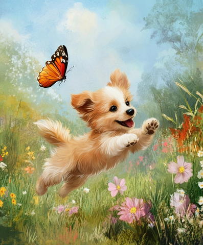 小狗追蝴蝶花丛中