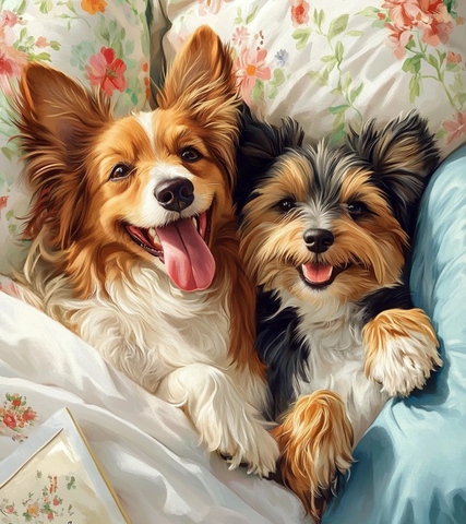 两只狗共享蓝色绒垫