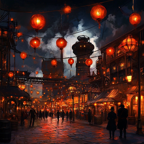 挂满红灯笼的街道夜景