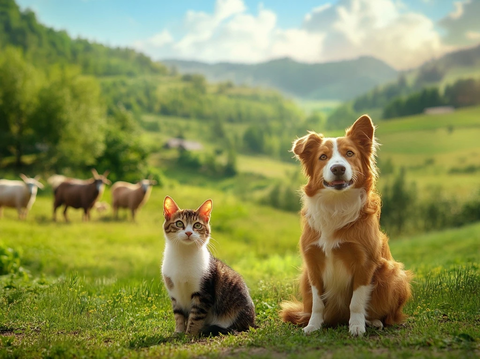 狗猫相伴绿地羊群背景