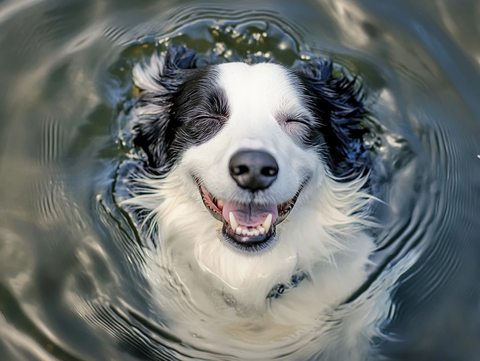 黑白边牧游泳闭眼微笑