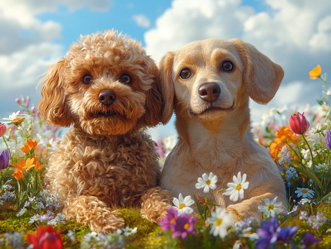 棕色贵宾与拉布拉多犬合影