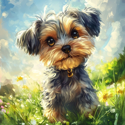 约克夏犬站立草地河边