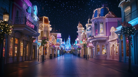 夜晚灯火辉煌的迪士尼商业街