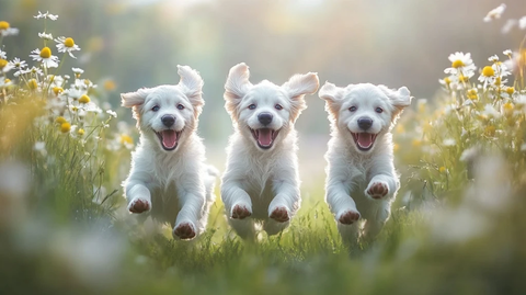 白金毛幼犬草地奔跑