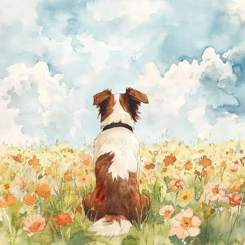 浅褐白边牧犬坐花田