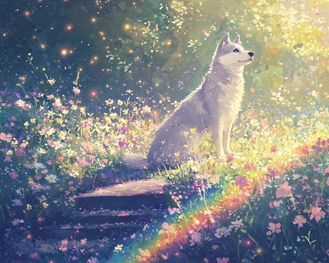 彩虹桥通往花海与哈士奇