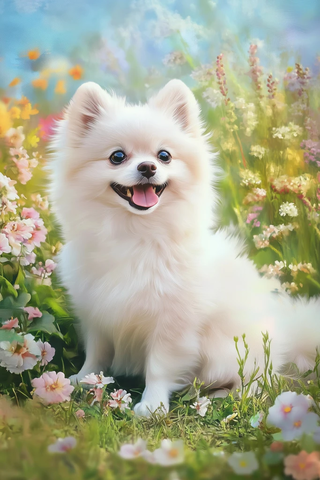 白色波美拉尼亚犬花园油画