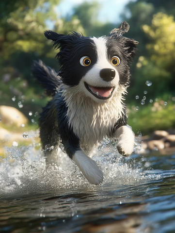 黑白牧羊犬跃水追物