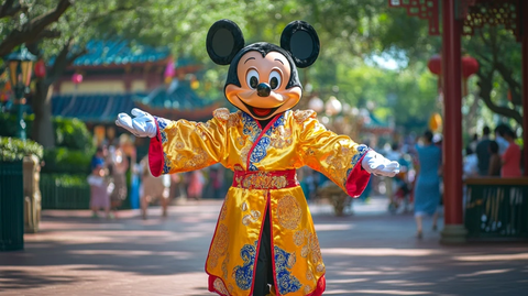 身穿传统服饰的米奇在户外张开双臂