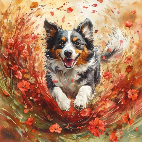 澳洲牧羊犬奔跃红花丛