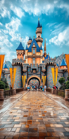 童话城堡远景多人行走于城堡大道