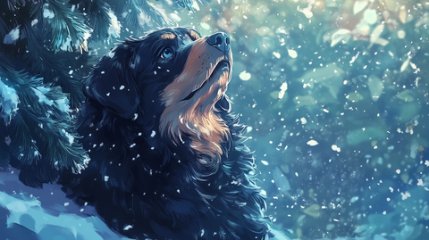 大狗雪地圣诞树下观看